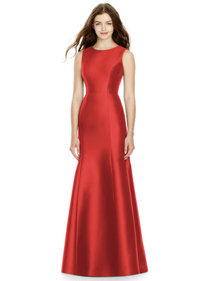 Red satin bridesmaid dress with sleeveless fit-and-flare silhouette, scoop neckline