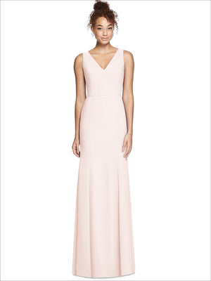 Light pink sleeveless V-neck bridesmaids maxi dress with fitted bodice and soft drape