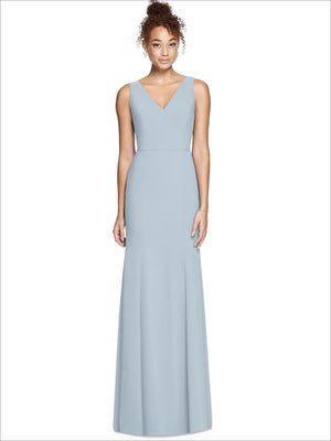 V-neck sleeveless bridesmaid dress in light blue, fitted bodice with long flowing skirt