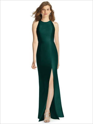 Bella bridesmaid dress BB121 in dark teal, sleeveless high neck with front slit