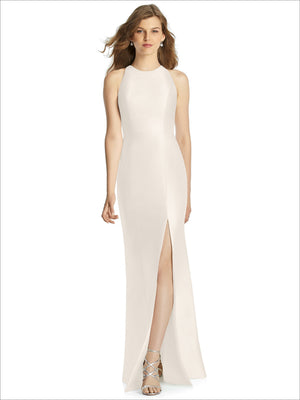 Sleeveless bridesmaid dress in white satin with high neckline and front slit