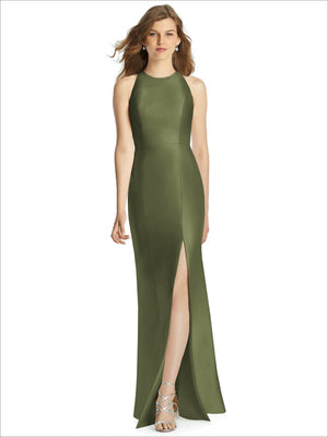 Bella bridesmaid dress BB121 in olive green, sleeveless high neck with front slit