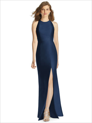 Deep navy sleeveless bridesmaid dress with high neckline and thigh-high slit skirt