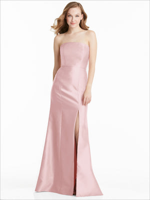 Blush strapless bridesmaid dress with fitted bodice, sweetheart-inspired bust, front thigh slit