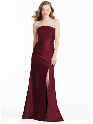 Burgundy strapless satin bridesmaid dress with front slit
