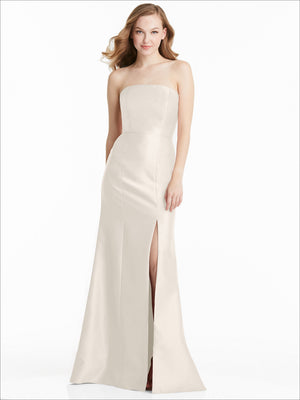 Strapless bridesmaid dress in ivory satin with front slit and fitted bodice