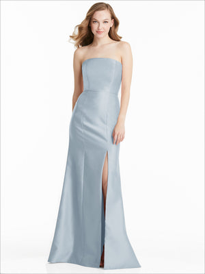 Strapless sky-blue bridesmaid dress with fitted waist and long front slit