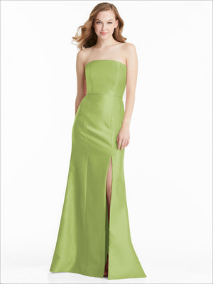 Pale lime green strapless satin bridesmaid dress with front slit