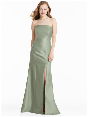 Sage green strapless mermaid bridesmaid dress with fitted bodice and front slit