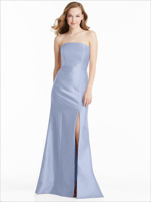 Periwinkle blue strapless mermaid bridesmaid dress with fitted bodice and front slit