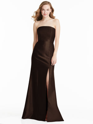 Chocolate brown strapless formal bridesmaid dress with fitted bodice and side slit, floor length