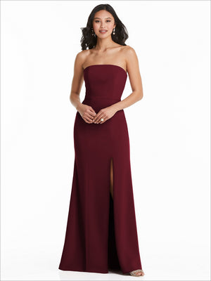Burgundy strapless bridesmaid dress with floor-length column silhouette and front slit