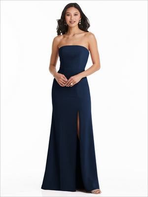 Midnight navy strapless bridesmaid dress with fitted bodice and front slit, long hem