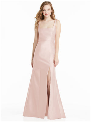 Sleeveless bridesmaid dress, square neckline, front slit, light pink satin.