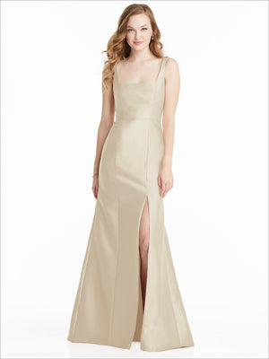 Champagne satin bridesmaids dress with square neckline and front slit, sleeveless