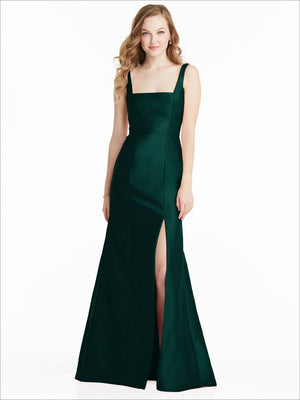 Sleeveless formal bridesmaid dress in dark green with square neckline and front slit skirt.