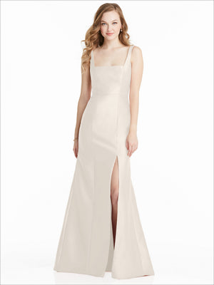 Sleeveless ivory bridesmaids dress with square neckline and front slit