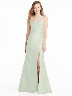 Mint green sleeveless square-neck maxi bridesmaid dress with front slit and flared skirt