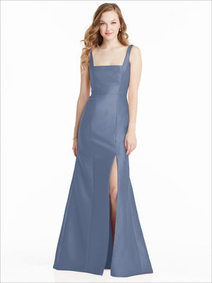 Sleeveless bridesmaid dress, square neckline, fitted waist, front slit, dusty blue