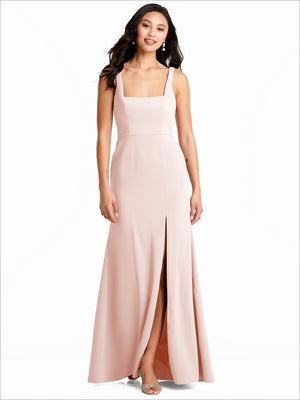 Blush pink bridesmaid gown with square neckline, fitted bodice, and front slit maxi skirt