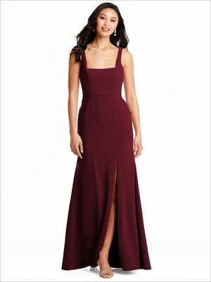 Sleeveless square-neck bridesmaid dress in deep burgundy with front slit and fitted bodice