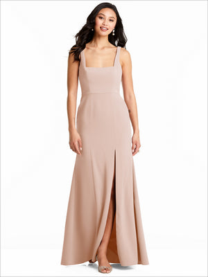 Blush pink satin bridesmaid dress with square neckline, fitted bodice, side slit