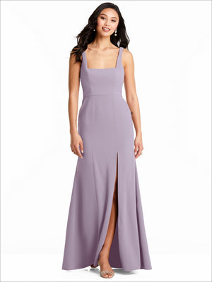 Sleeveless bridesmaid dress in dusty lilac, square neckline, front thigh slit