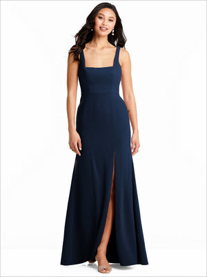 Navy sleeveless bridesmaid dress with square neckline and front slit skirt