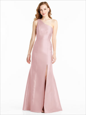 One-shoulder bridesmaids dress in blush pink, long satin skirt with front slit