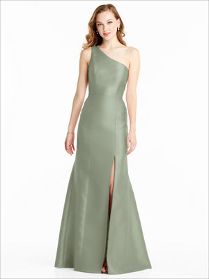 Sage green one-shoulder satin dress with high slit and smooth fitted silhouette