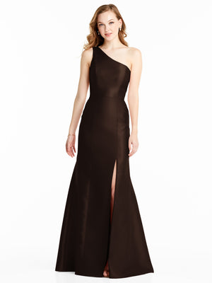 Bella bridesmaids dress BB137, one-shoulder dark brown satin with front slit