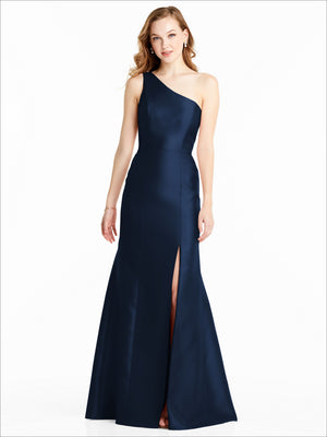 Dark navy one-shoulder bridesmaid dress with high-waist fit and front slit detail
