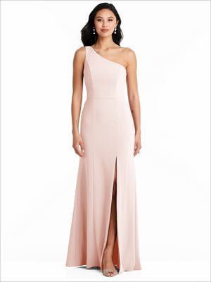 Light pink one-shoulder bridesmaid dress with thigh-slit front and flowing skirt
