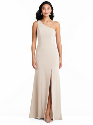 Ivory one-shoulder bridesmaid dress with fitted bodice and flowing floor-length skirt