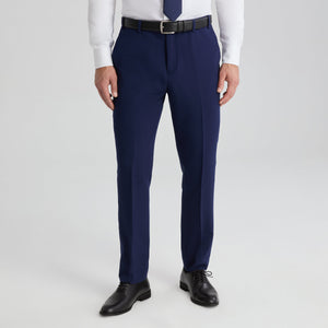 Men’s dark blue suit pants with belt loops, front crease, and side pockets