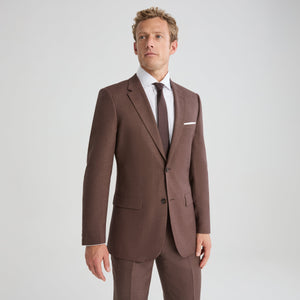 Brown linen-look suit jacket with notch lapels, single-breasted front, flap pockets