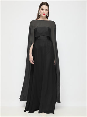 High-low sheer chiffon cape in black, draped over a long dress