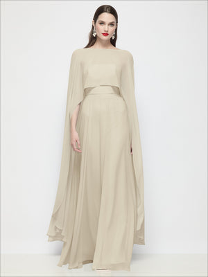 Champagne sheer chiffon cape with high-low hem and flowing drape sleeves