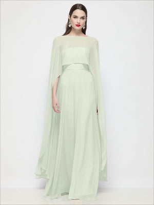 High-low sheer chiffon cape in light sage green, flowing drape with wide sleeves.