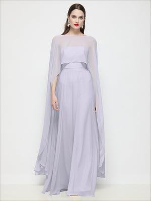 High-low sheer chiffon cape in lilac, draped over a long dress