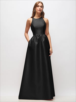 Black sleeveless satin maxi dress with fitted bodice and gathered waist skirt