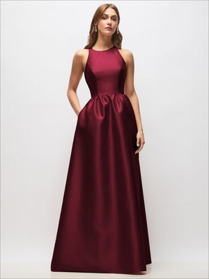 Sleeveless satin maxi dress in deep burgundy with gathered waist skirt