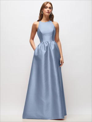 Light blue satin sleeveless maxi dress with crew neckline and gathered waist