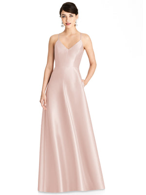 Blush satin V-neck maxi dress with thin straps and full A-line skirt