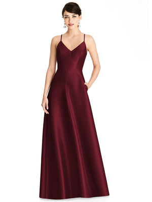 Burgundy V-neck satin maxi dress with spaghetti straps and full A-line skirt