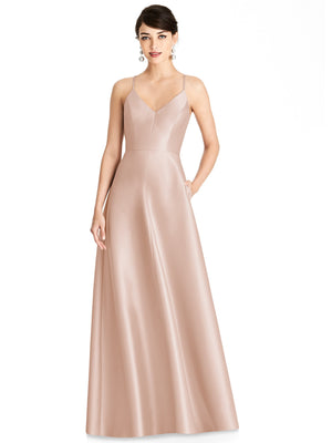 Pale nude satin V-neck maxi dress with thin straps and full skirt, front view