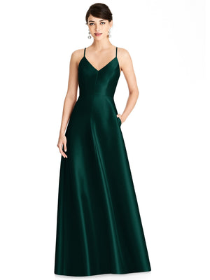 Deep emerald green V-neck satin maxi dress with spaghetti straps and full A-line skirt