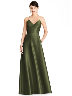 Olive green V-neck satin maxi dress with thin straps and full A-line skirt