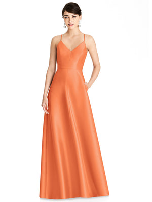 Burnt orange V-neck satin maxi dress with thin straps and full A-line skirt
