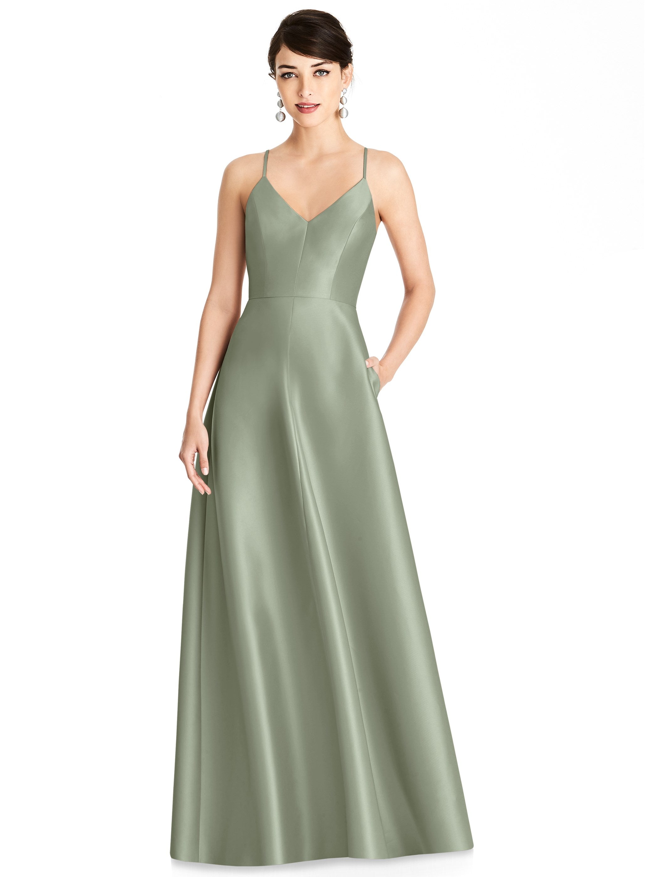dreaming in color green v-neck pleated satin maxi dress Full Skirt Mireille emerald